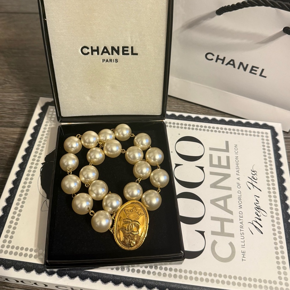 Chanel Vintage Gold CC Crown Logo Faux Pearl Bracelet
